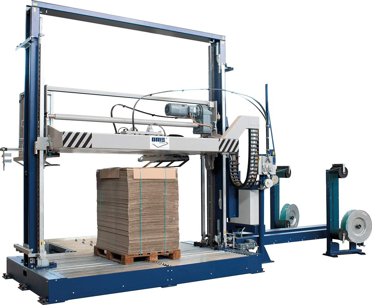 fully-automated, vertical strapping machine for larger-sized boxes and pallets